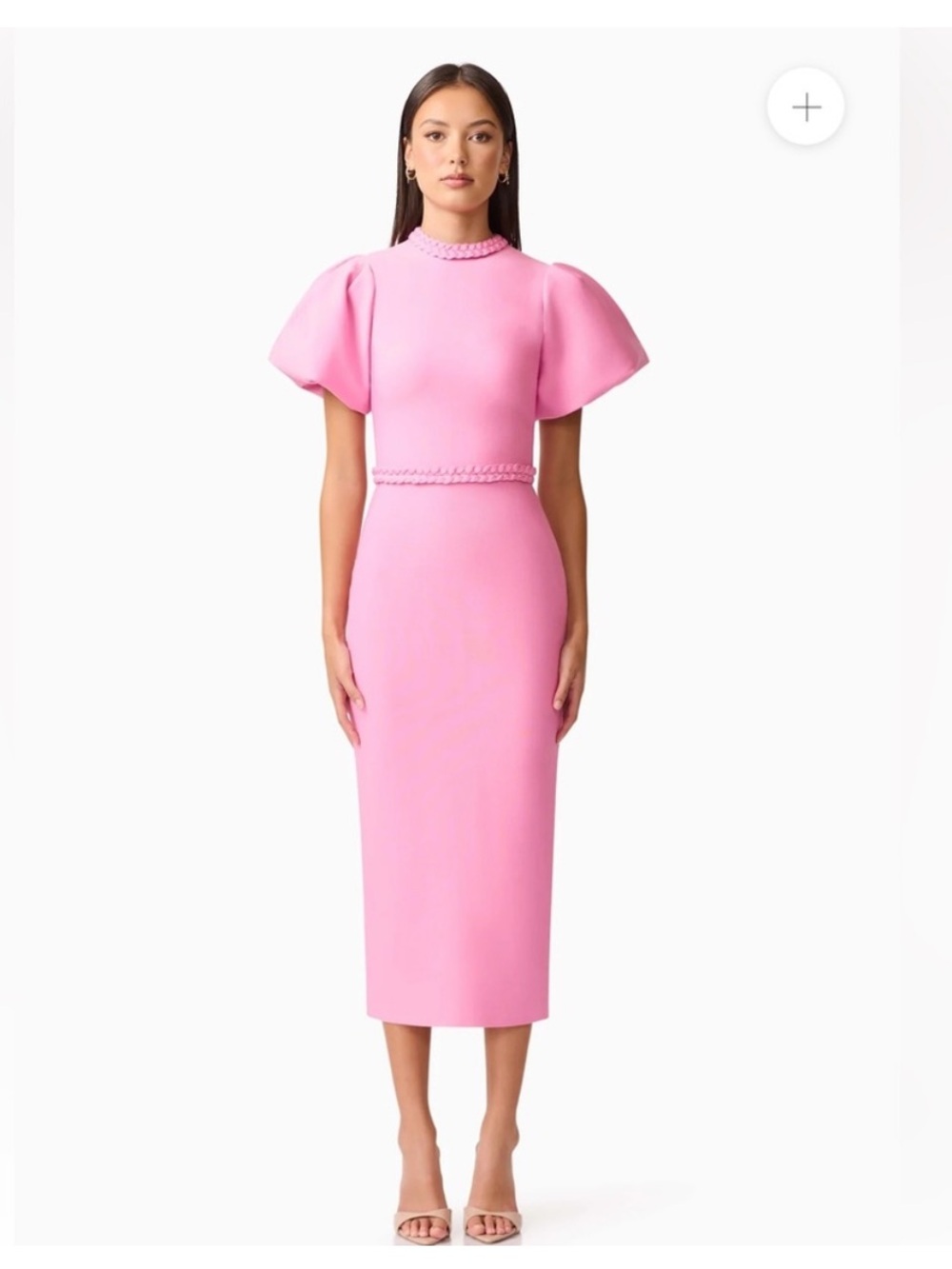 elliatt coralene pink puff sleeve high neck fitted midi dress size XS NEW
